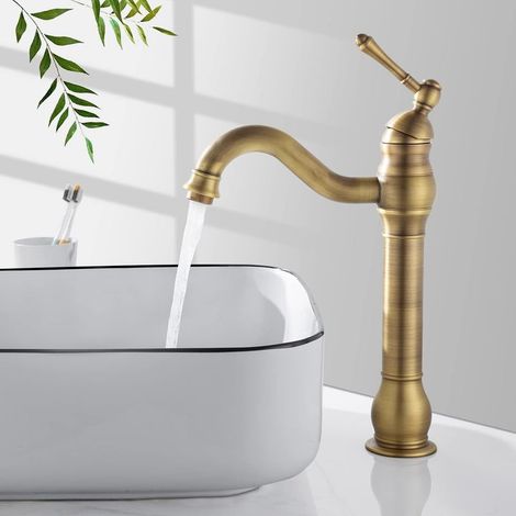 Rubinetto da bagno alto girevole a 360°, miscelatore per lavabo in stile retrò con beccuccio alto 230 mm, ottone anticato con tubi flessibili da 60 cm. (1/5)