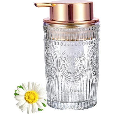 Distributeur de Savon en Verre avec tête de Pompe en cuivre Or Rose, Distributeur de Savon pour Les Mains pour Cuisine et Salle de Bain, Tasse en Verre de Tournesol 400 ML – 1 Paquet (1/5)