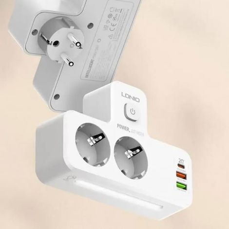 Prise USB Secteur Chargeur, Multiprise Murale 5 en 1 avec 2 Sorties AC 1 Type C et 2 USB Multiprise duex Prise Françaises Blanc (1/4)