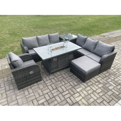 Fimous Rattan Gartenmöbel Set im Balkon Gas Feuerstelle Tisch Liegestühle 3-Sitzer Sofa Sets mit 2 Großer Hockern Beistelltisch 8-Sitzer (1/5)