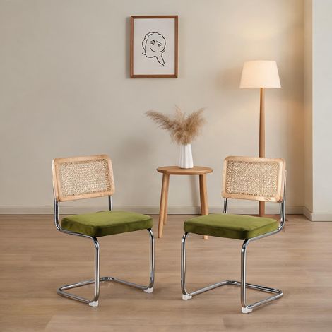 Chaises de salle à manger cannage et velours vert olive lot de 2 (1/5)