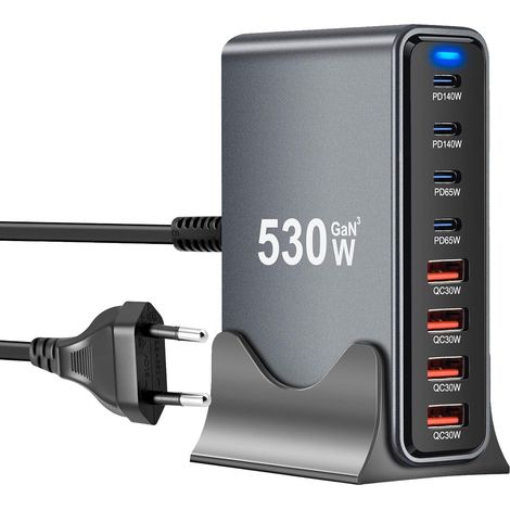 530-W-USB-C-Ladegerät mit 8 Anschlüssen, GaN-III-USB-Schnellladegerät mit 4 USB-C- und 4 USB-A-Anschlüssen, Power Delivery, USB-C-Ladestation für MacBook Pro/Air, iPhone, iPad, Samsung Plus