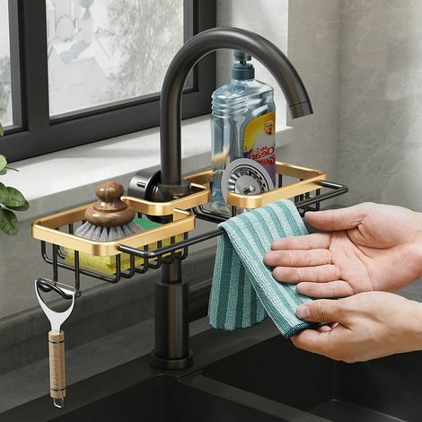 DEESSE SHOP - Étagère de rangement pour robinet avec crochet, sans perçage, adhésif sans trace, étagère pour évier de cuisine, salle de bain, dortoir, toilettes, cuisine (1/5)