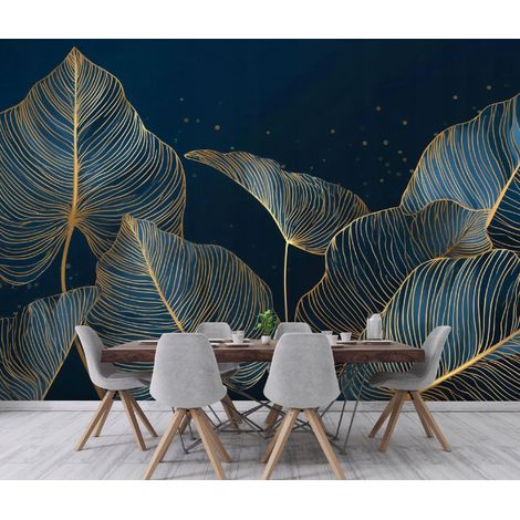 Fototapete Blätter Gold Glamour, für Wohnzimmer und Schlafzimmer, 300 x 210 cm – Komplettset inkl. Kleister & Anleitung (1/5)