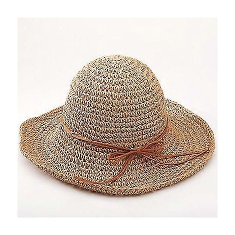 Chapeau de pêcheur pliable en raphia tissé à la main pour femme, à larges bords (kaki) (1/4)