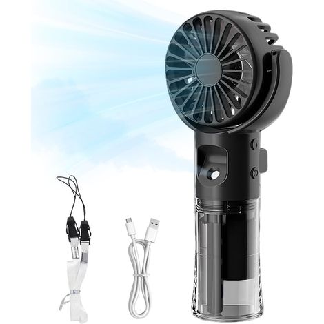 Mini ventilateur portable avec humidificateur brume, 4 vitesses, ultra silencieux, léger, rechargeable USB, jusqu'à 10 heures, essentiel de voyage en plein air, pour femmes et filles (noir) (1/2)