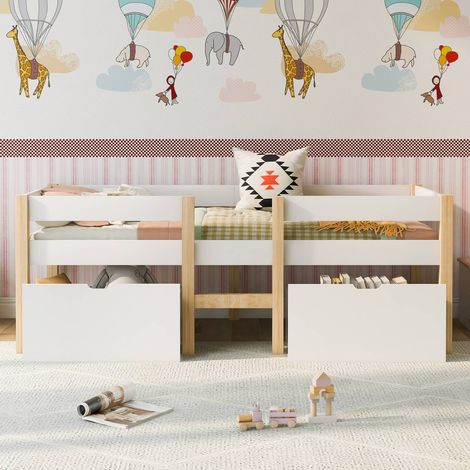 Lit mi-hauteur enfant 90x190 cm en pin massif avec 2 tiroirs, barrières de sécurité, échelle et sommier à lattes, blanc et naturel (1/5)