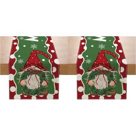 Camino de mesa navideño con motivos de coronas y gnomos, rojo y verde, ideal para las fiestas navideñas. Dimensiones: 33 x 183 cm (2 piezas). (1/5)