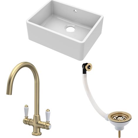 Fireclay Kitchen Bundle - 595mm Single Bowl Butler Sink with Overflow, Waste & Mono Lever Handle Tap in Brushed Brass - Balterley