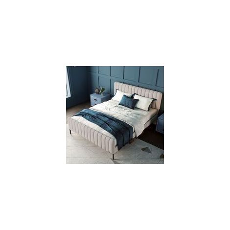 Lit adulte rembourré 140x200 cm Tête de lit capitonnée réglable Cadre en bois massif et lin Sommier à lattes inclus Gris-beige (1/5)