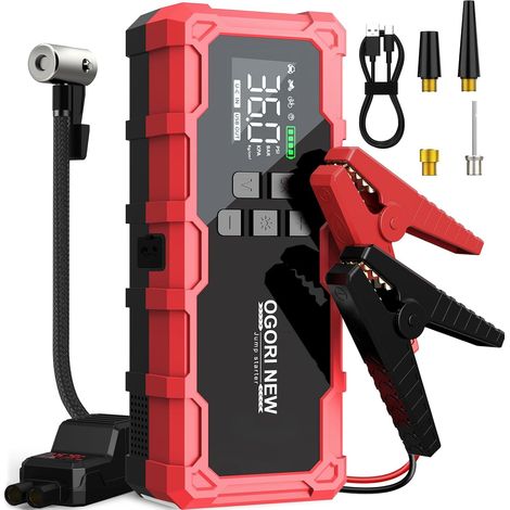 Booster Batterie Voiture 6000A, Démarreur de Voiture(8.0L Diesel/10.0L Gaz) avec Gonfleur,12V Jump Starter avec Port de Charge USB,lumière LED,Pince Intelligente avec Écran (1/5)