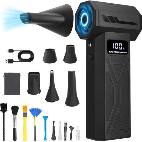 Mini Souffleur Sans Fil 110000 tr/min 4000mAh USB-C LED 4 Vitesses 5 Buses + 10 Brosses Incluses, Batterie 4000mAh jusqu'à 60 min, Charge Rapide 2,5h, pour PC, Voiture, Clavier, Feuilles (1/5)