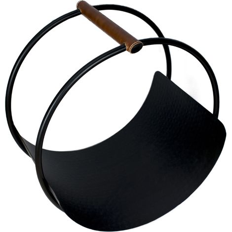 Leather Handle Round Log Holder - Iron - L42 x W30.5 x H43 cm - Black