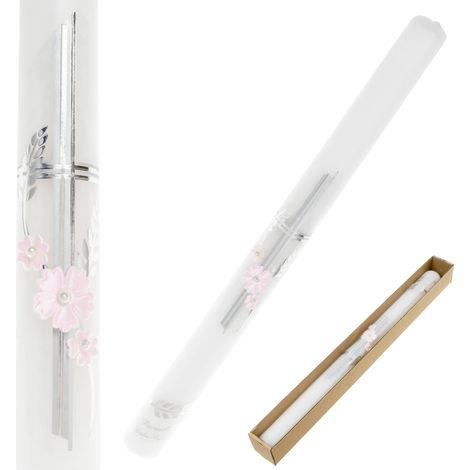 Candela da battesimo per bambina, fiori rosa con una perla e una scatola (1/5)