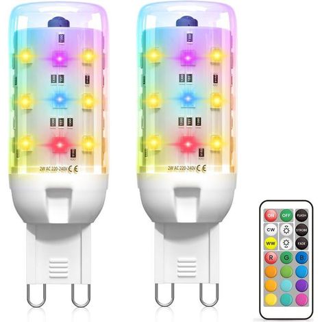 Lot de 2 ampoules LED G9 2 W à changement de couleur, à intensité variable, 13 couleurs, avec télécommande, pour la maison (1/4)