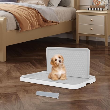 Indoor Dog Toilet Tray, 50.5393cm Portable Pet Pee Pad Holder with Removable Post & Protection Wall, Mesh Grid Puppy Dog Litter Training Tray for Dog Puppy Pet, White and Grey (1/5)