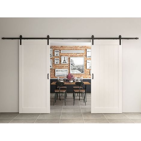 Holzschiebetür Scheunentor Oak weiß offene Laufschiene schwarz 35 mm - 1800 x 2150 mm (1/5)