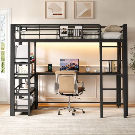Etagenbett 140/200 cm schwarz mit integriertem Schreibtisch, LED und Stauraum (1/5)