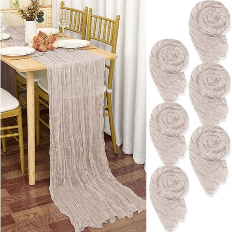 Lot de 6 chemins de table en gaze rustique, 55x300 cm, marron-gris et rose-violet clair. (1/5)