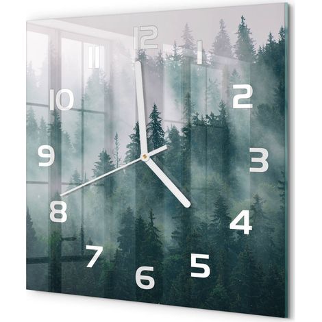 Horloge Murale Carrée Originale en Verre Silencieuse Design Moderne Salon Brouillard au-dessus de la forêt 30x30 cm (1/5)