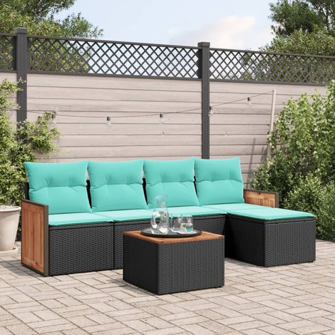 6-teiliges Gartensofa-Set mit Kissen, schwarzes Polyrattan (1/5)