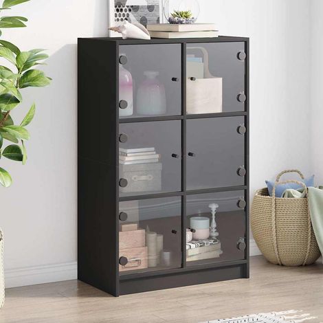 Buffet haut avec portes, 6 compartiments, bois d’ingénierie et verre, noir, 68 x 37 x 109 cm - PANGIVO (1/5)