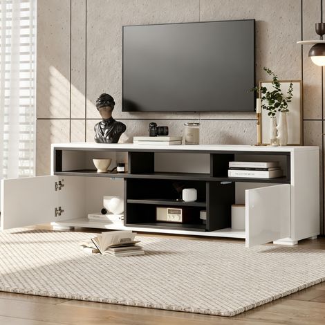 Mueble TV LED 150 x 35 x 50 cm en tablero de partículas, con almacenaje, blanco y negro DESVIAE (1/5)