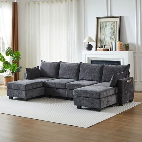 Canapé d’angle modulable U 6 places en chenille gris, canapé avec méridienne, coffre de rangement et fonction convertible en lit, salon moderne (1/5)