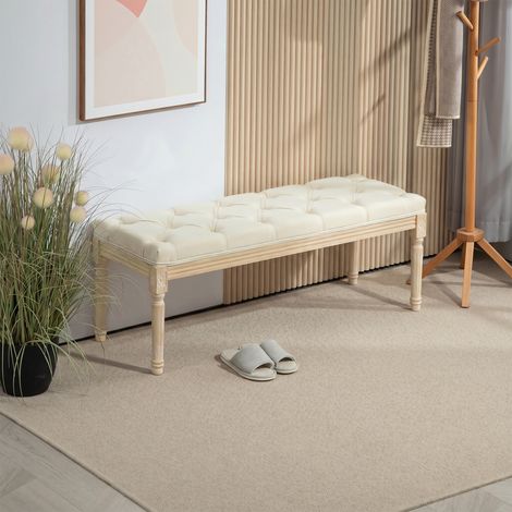 Banc Banquette classique capitonné 115cm bout de lit Rembourrée en lin - bois d'hévéa sculpté, patiné - crème (1/5)