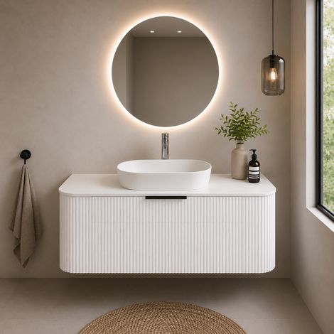 Meuble salle de bain pour vasque à poser MANTO largeur 90 cm blanc mat rainuré (1/5)