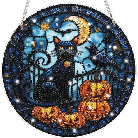 Halloween Diamond Painting Anhänger Schwarze Katze & Kürbisse, Fensterbild Bastelset