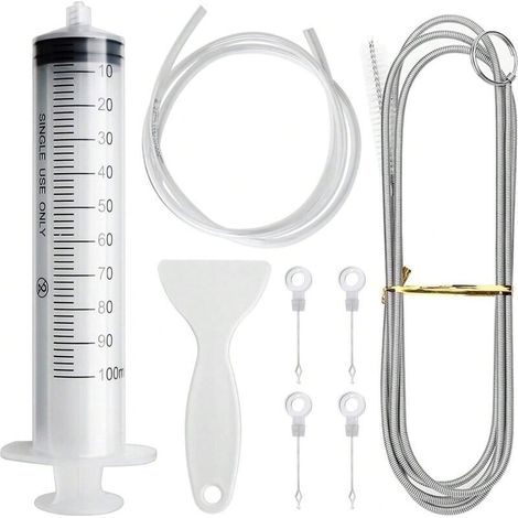 Ensemble de 8 outils de nettoyage pour réfrigérateur : brosse de nettoyage flexible, tuyau en PVC de 1,5 m, eau de dégivrage, seringue de 100 ml et 4 couvercles de vidange pour réfrigérateur de cuisin (1/5)