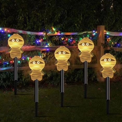 Piquets lumineux LED d'Halloween lot de 5 momies tige noire, lampe décorative extérieure IP65, tension 1,2V. DT-12 (1/5)