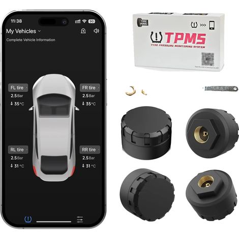 Sistema de monitoreo de presión de neumáticos, alertas en tiempo real, compatibilidad universal, color negro. (1/2)