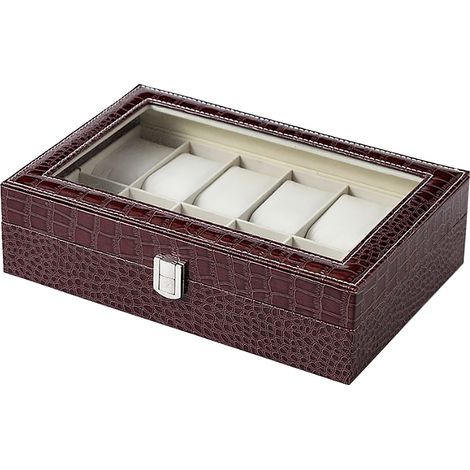 Boîte à montres 12 emplacements, organisateur de montres homme avec couvercle transparent en similicuir, coffret de rangement avec clé. (1/5)