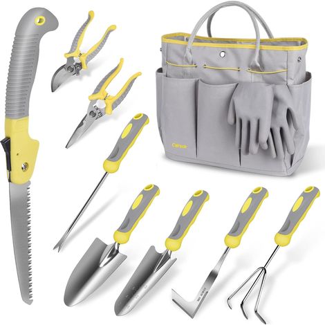 Gartengeräte-Set, 10-teilig, aus robustem Edelstahl, zum Graben, Pflanzen und Schneiden, inklusive strapazierfähiger Tasche (1/5)