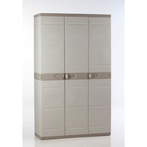 Armoire haute de jardin 3 portes – 4 étagères – Polypropylène recyclable – Résiste jusqu'à 15 kg par tablette – Beige et taupe – Plastiken (1/3)