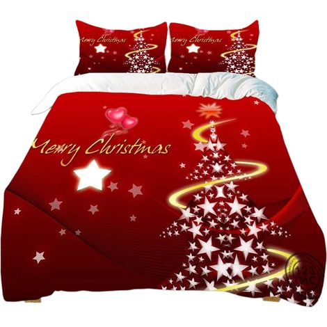 Housse de couette en microfibre rouge, motif étoiles et sapin de Noël, 220 x 240 cm, 2 taies d'oreiller (1/5)