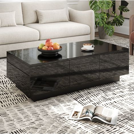 Table basse 100x31x50 cm noire en panneaux de particules avec finition brillante, tiroirs et rangements coulissants (1/5)