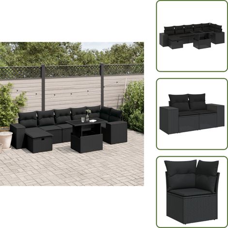 8-tlg. Garten-Sofagarnitur mit Kissen Schwarz Poly Rattan - Gartenmöbel Set - PE-Rattan Möbel - Outdoor Lounge - Gartenlounge - Terrassenmöbel (1/5)