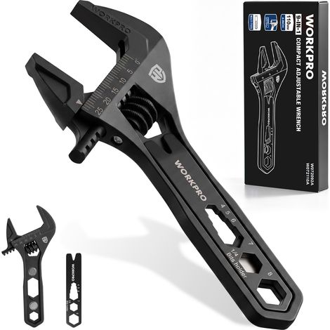 WORKPRO Clé à Molette 110 mm Multifonction, Petite Clé Réglable 9 en 1 Mâchoire 25 mm, Porte-Embout Magnétique 1/4", Clé Hexagonale, Pied-de-Biche - Noircissement (1/5)