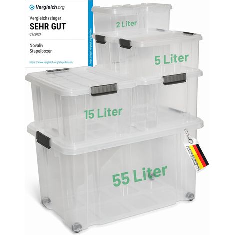 Novaliv Lot de 7 boîtes de rangement avec couvercles, transparentes, 1x55L + 2x 15L + 2x 5L + 2x 2L, emboîtables, empilables, fermeture à clip
