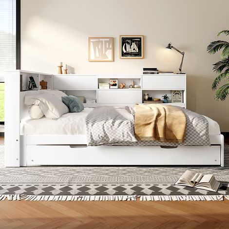 Canapé-lit 140 x 200 cm, avec tête de lit et compartiment de rangement, lit extensible, sans matelas, blanc (1/5)