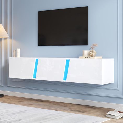 Meuble TV mural 180 x 35 x 30 cm, meuble TV bas avec éclairage LED, support TV à 3 portes, compatible avec les téléviseurs jusqu'à 75 pouces, finition blanc brillant.