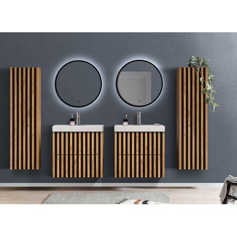 Badmöbel Set in Eiche Nb. mit Lamellenfronten LUCCA-107, 2x LED-Spiegel, 2x Hochschrank, 2x Waschtisch 60 cm, B/H/T: ca. 250/200/46 cm (1/5)