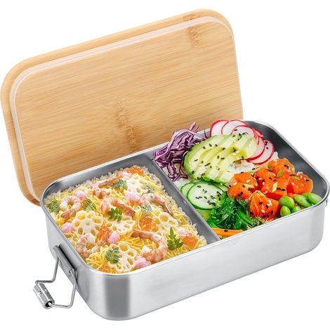 Boîte à lunch en acier inoxydable avec couvercle en bois, étanche, sans BPA, boîte bento avec compartiments réglables, idéale pour le bureau, l'école ou les pique-niques. (1/5)