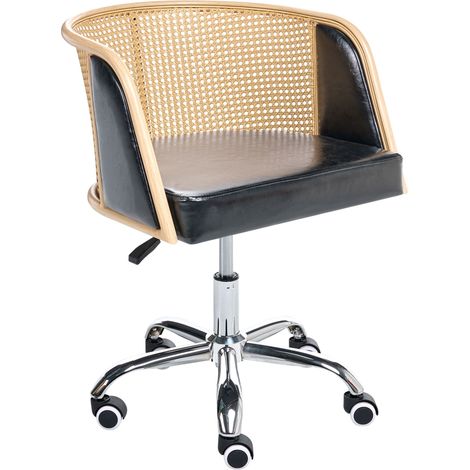 Sedia da ufficio retrò in ecopelle PE Rattan Viennese a treccia Schienale girevole regolabile Nero Elkhart