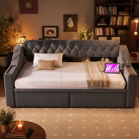Cama tapizada 90x190 cm con USB, 2 cajones, reposabrazos anchos, terciopelo gris claro (1/5)