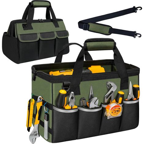 Sac à outils, organiseur de boîte à outils portable, bandoulière réglable, sac fourre-tout robuste à large ouverture, sacs à outils pour hommes, mécaniciens et ingénieurs, cadeau – L, vert kaki et noi (1/4)