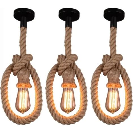 Suspension luminaire design vintage en corde de chanvre - - U-Do - 3PCS - Marron - E27 - 60W (1/4)